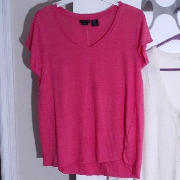 Tahari summer linen hot pink top shirt small s v neck luxury t shirt - Picture 2 of 4